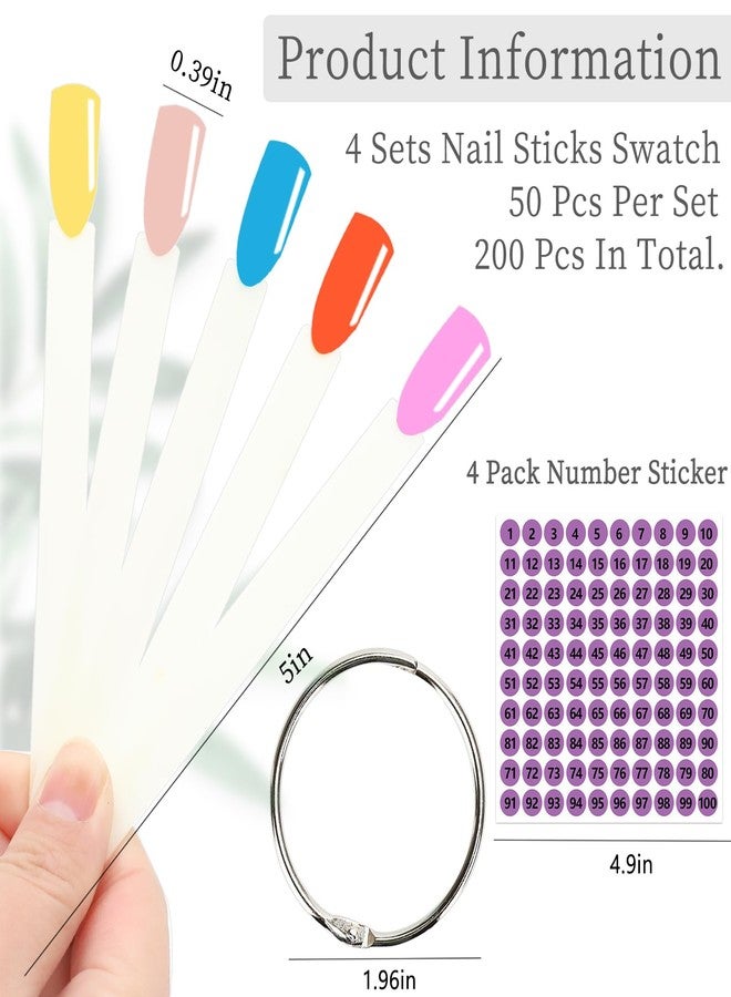 BQAN 200 Pcs Nail Swatch Sticks with Ring, Nails Art Display/Nail Practice Sticks for Home or Salon Use, 4 Pack Number Stickers - Image 2